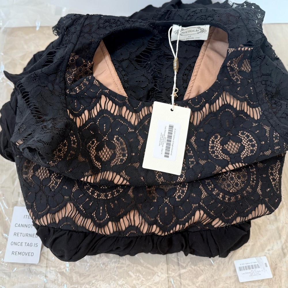 Joyfolie Black Petticoat Lace High Low Dress Elegant Lace sleeve Size 14 NEW - Picture 7 of 8